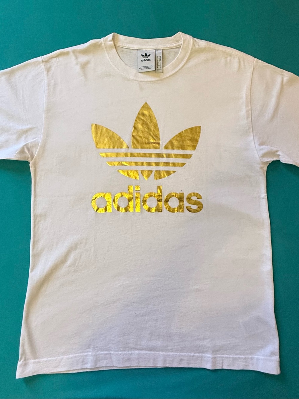 adidas White T-Shirt with Metallic Gold Trefoil